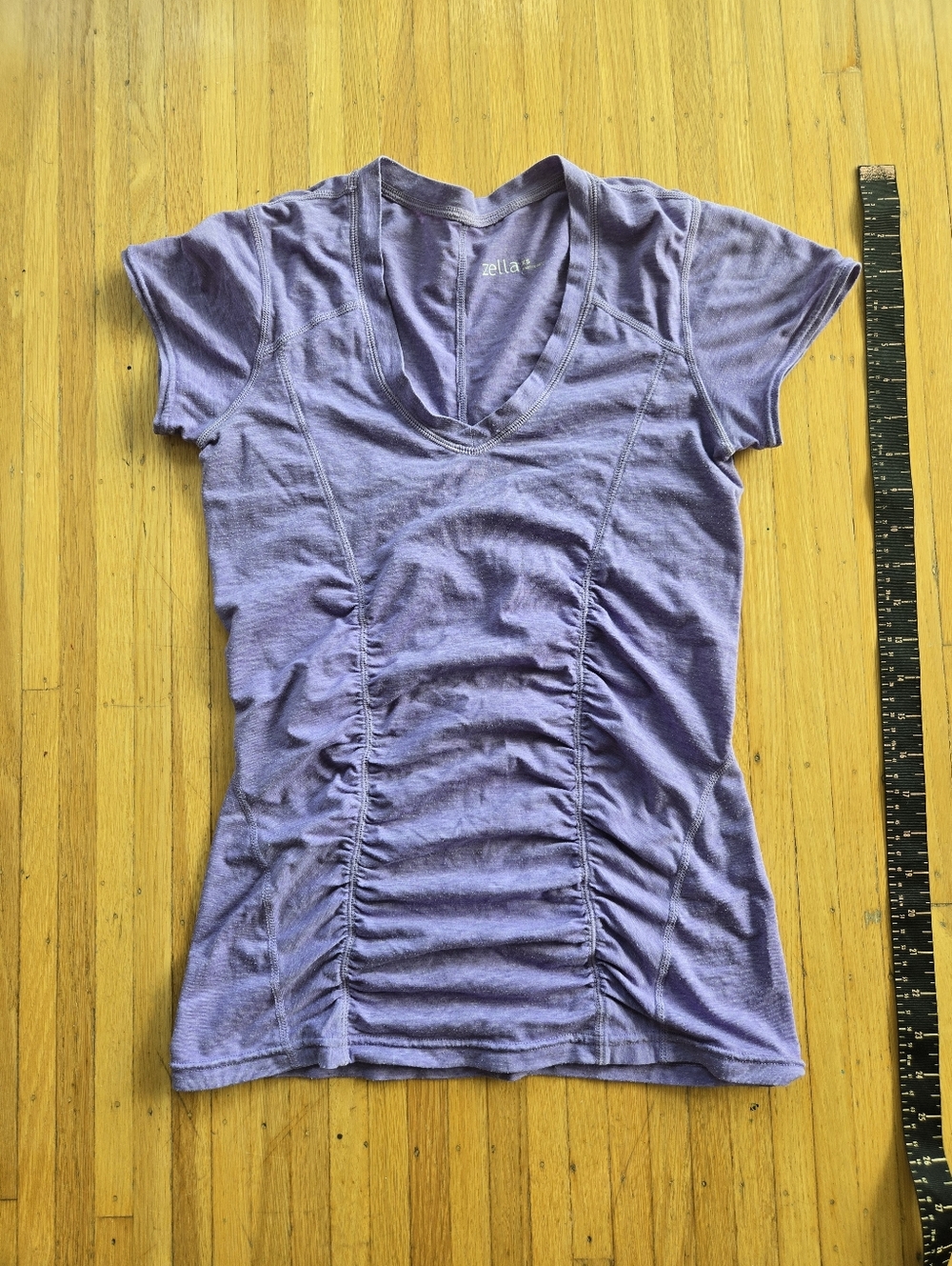 Zella Purple Ruched Short Sleeve V-Neck T-Shirt